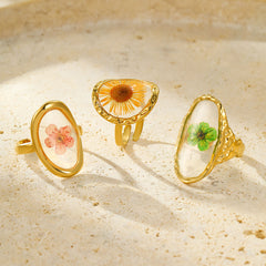 Oval Flower Transparent Green 18K Gold Anti Tarnish Free Size Ring For Women