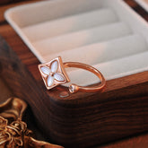 Clover Flower Cubic Zirconia Mother Of Pearl Rose Gold White Anti Tarnish Adjustable Ring For Women
