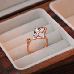 Clover Flower Cubic Zirconia Mother Of Pearl Rose Gold White Anti Tarnish Adjustable Ring For Women