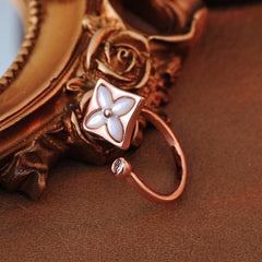 Clover Flower Cubic Zirconia Mother Of Pearl Rose Gold White Anti Tarnish Adjustable Ring For Women