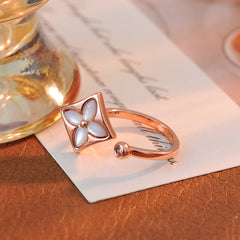 Clover Flower Cubic Zirconia Mother Of Pearl Rose Gold White Anti Tarnish Adjustable Ring For Women