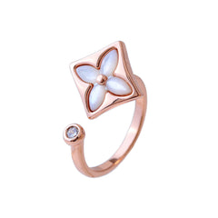 Clover Flower Cubic Zirconia Mother Of Pearl Rose Gold White Anti Tarnish Adjustable Ring For Women