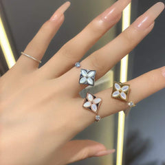 Clover Flower Cubic Zirconia Mother Of Pearl Rose Gold White Anti Tarnish Adjustable Ring For Women