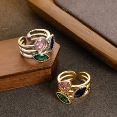 Marquise Oval Crystal multicolour 18K Gold Anti Tarnish Adjustable Band Ring For Women