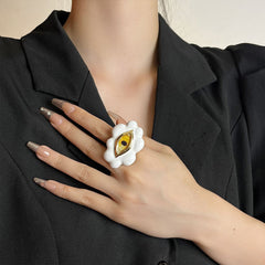 Evil Eye Enamel 18K Gold White Adjustable Ring For Women