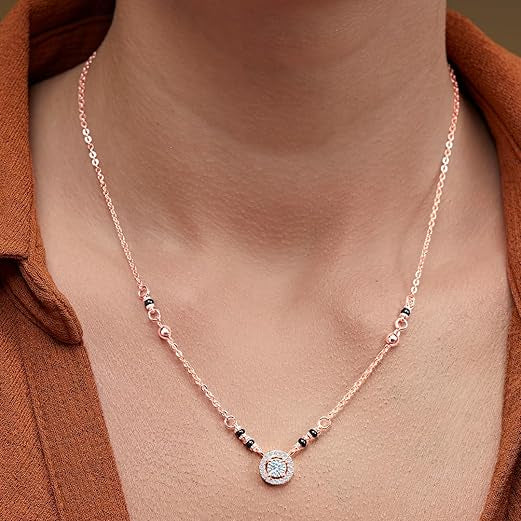 Designer Halo Round Black Beads Rose Silver Gold CZ Brass Mangalsutra