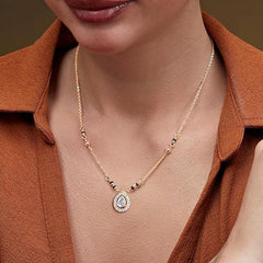 Double Halo Teardrop Black Beads Rose Silver Gold CZ Brass Mangalsutra