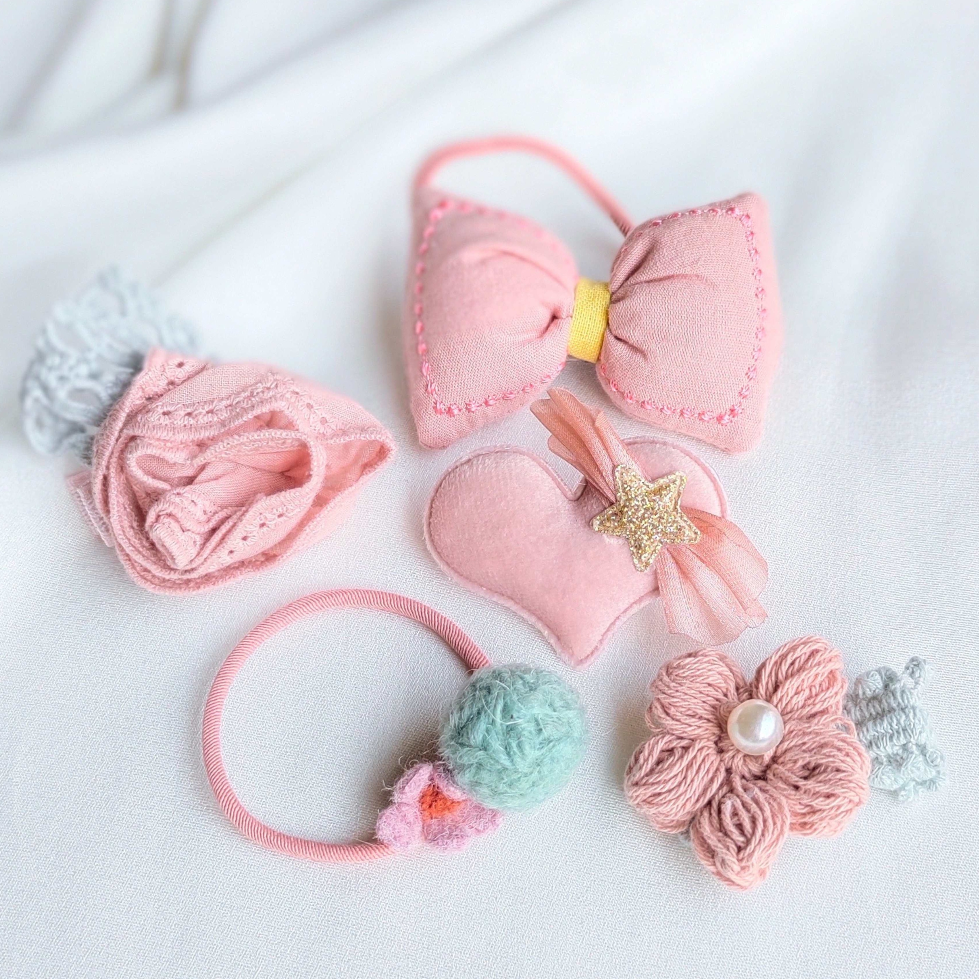 Blush Pink Assortment Fabric Hair Clip Band Accessories Pack Of 5 Pcs For Girl Women