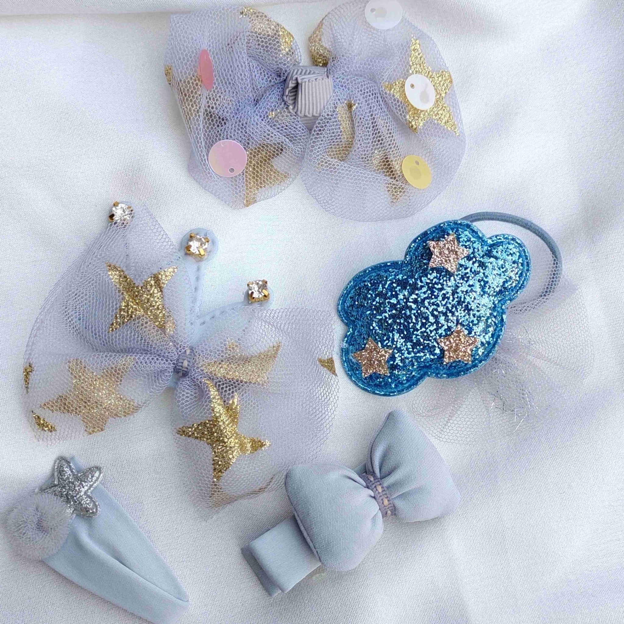 Glitter All The Way Blue Cubic Zirconia Fabric Hair Clip Band Accessories Pack Of 5 Pcs For Girl Women