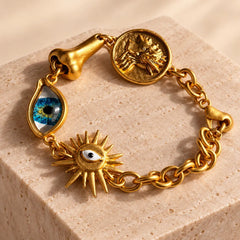 Blue Evil Eye & Mermaid Coin Charm Chain Gold Plated Enamel Bracelet