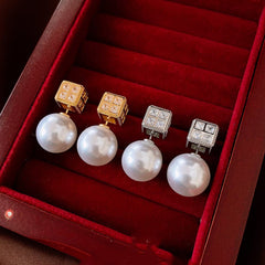 Square Cubic Zirconia Pearl 18k Gold Silver White Anti Tarnish Stud Earring For Women