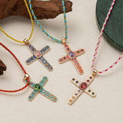 Cross Rosary Prayer Crystal Enamel 18K Gold Thread Anti Tarnish Necklace Pendant For Women