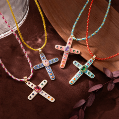 Cross Rosary Prayer Crystal Enamel 18K Gold Thread Anti Tarnish Necklace Pendant For Women