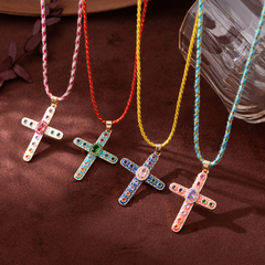 Cross Rosary Prayer Crystal Enamel 18K Gold Thread Anti Tarnish Necklace Pendant For Women