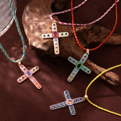 Cross Rosary Prayer Crystal Enamel 18K Gold Thread Anti Tarnish Necklace Pendant For Women