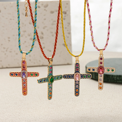 Cross Rosary Prayer Crystal Enamel 18K Gold Thread Anti Tarnish Necklace Pendant For Women