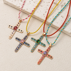 Cross Rosary Prayer Crystal Enamel 18K Gold Thread Anti Tarnish Necklace Pendant For Women