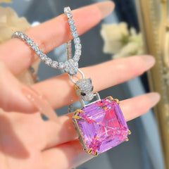 Panther Princess Cut Solitaire Pink Blue Yellow Silver Cubic Zirconia Anti Tarnish Necklace For Women