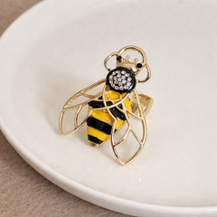 Yellow Black Honeybee Gold Rhinestone Adjustable Fancy Ring