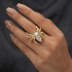 Designer Spider Gold Silver CZ Pearl Copper Cocktail Adjustable Ring