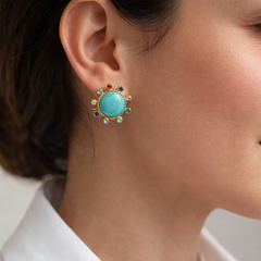 Multi Round Gold CZ Turquoise Anti Tarnish Copper Stud Earrings
