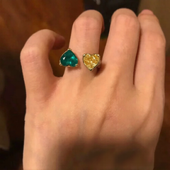 Dual Heart Emerald Gold CZ Copper Anti Tarnish Adjustable Fancy Ring