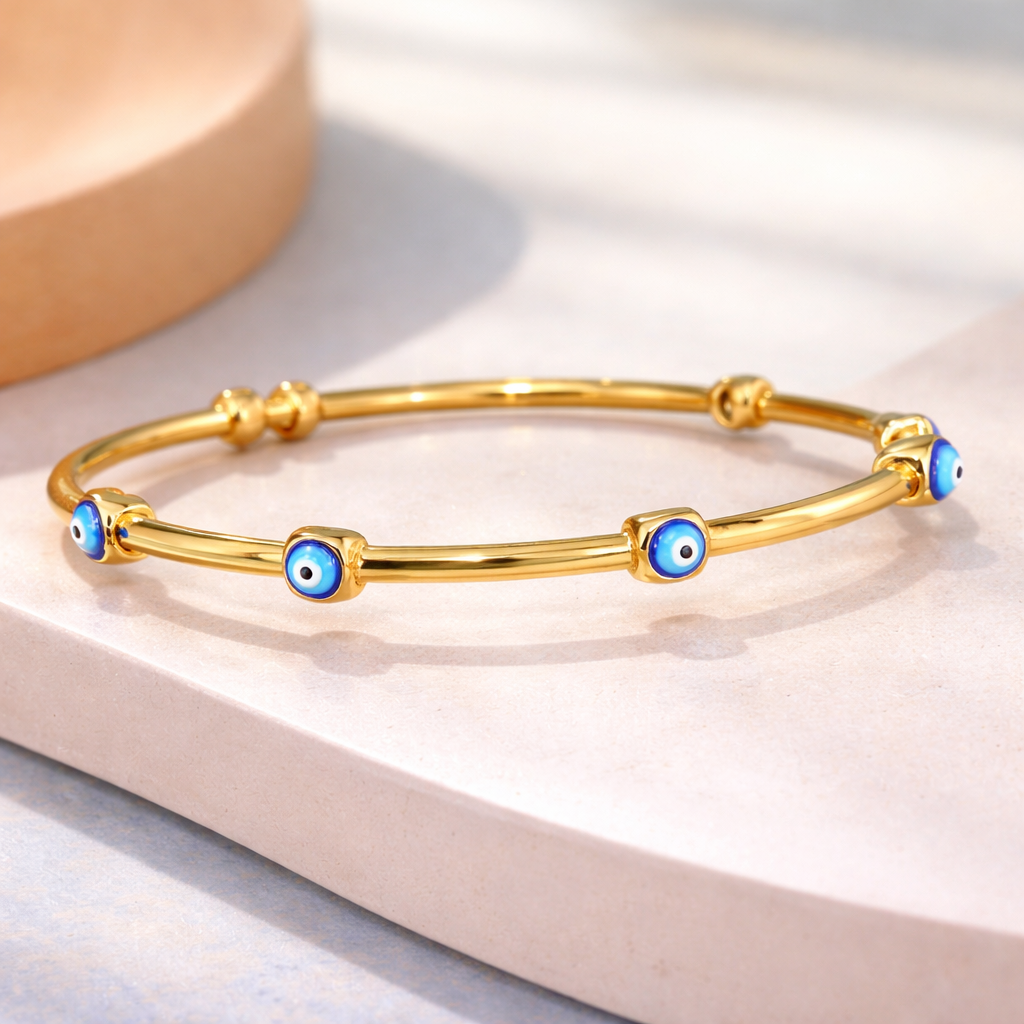Blue Evil Eye Gold Plated Enamel Anti Tarnish Copper Cuff & Kada