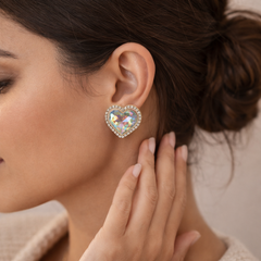 White Heart Sparkling Gold Plated Rhinestone Stud Earrings For Women