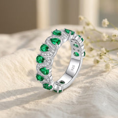 Wave Design Silver Plated Green CZ Copper Anti Tarnish Cocktail Ring