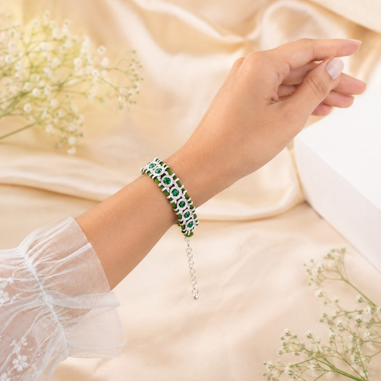 Emerald Green Silver Plated CZ Multi-Strand Thread Bracelet For Women