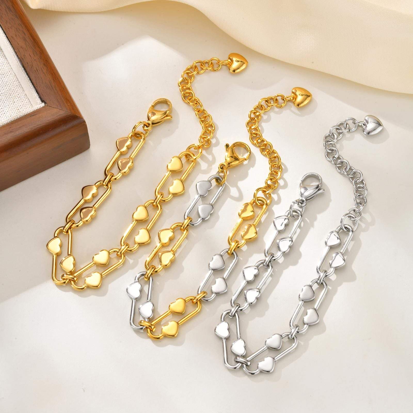 Gold Silver Heart Plain Anti Tarnish Stainless Steel Wrist Wear Women