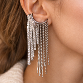 White Multi Chain Silver Rhinestone Ear Cuff Earrings