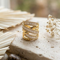 Designer Multi Layer Criss-Cross Gold Silver CZ Copper Ring For Women