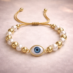 White Evil Eye Oval Charm Gold Plated Beads Stainless Steel Bracelet