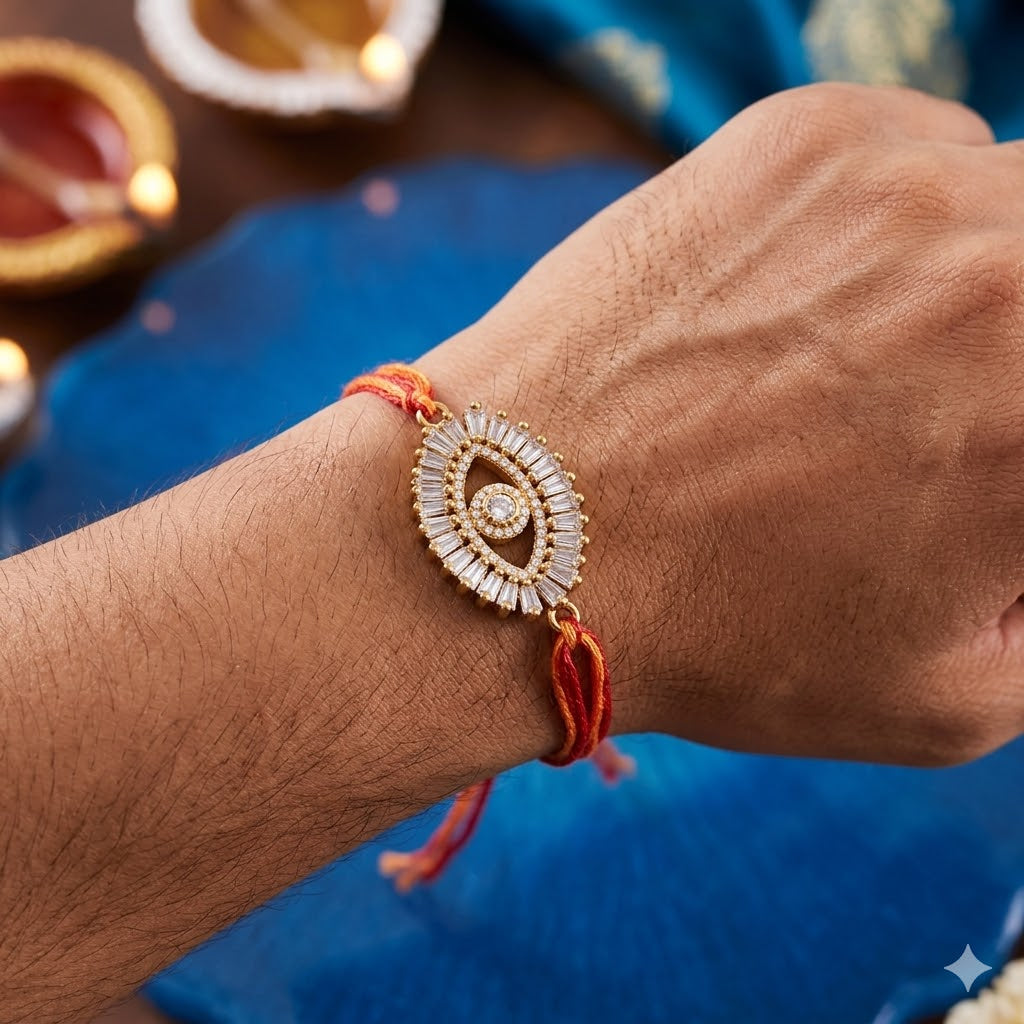White Premium Evil Eye Gold Plated CZ Red Orange Thread Rakhi For Men