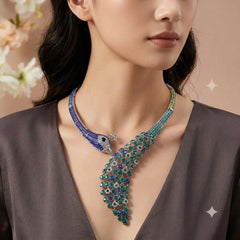 Peacock Style Silver Plated Blue Green & White Rhinestone Alloy Necklace