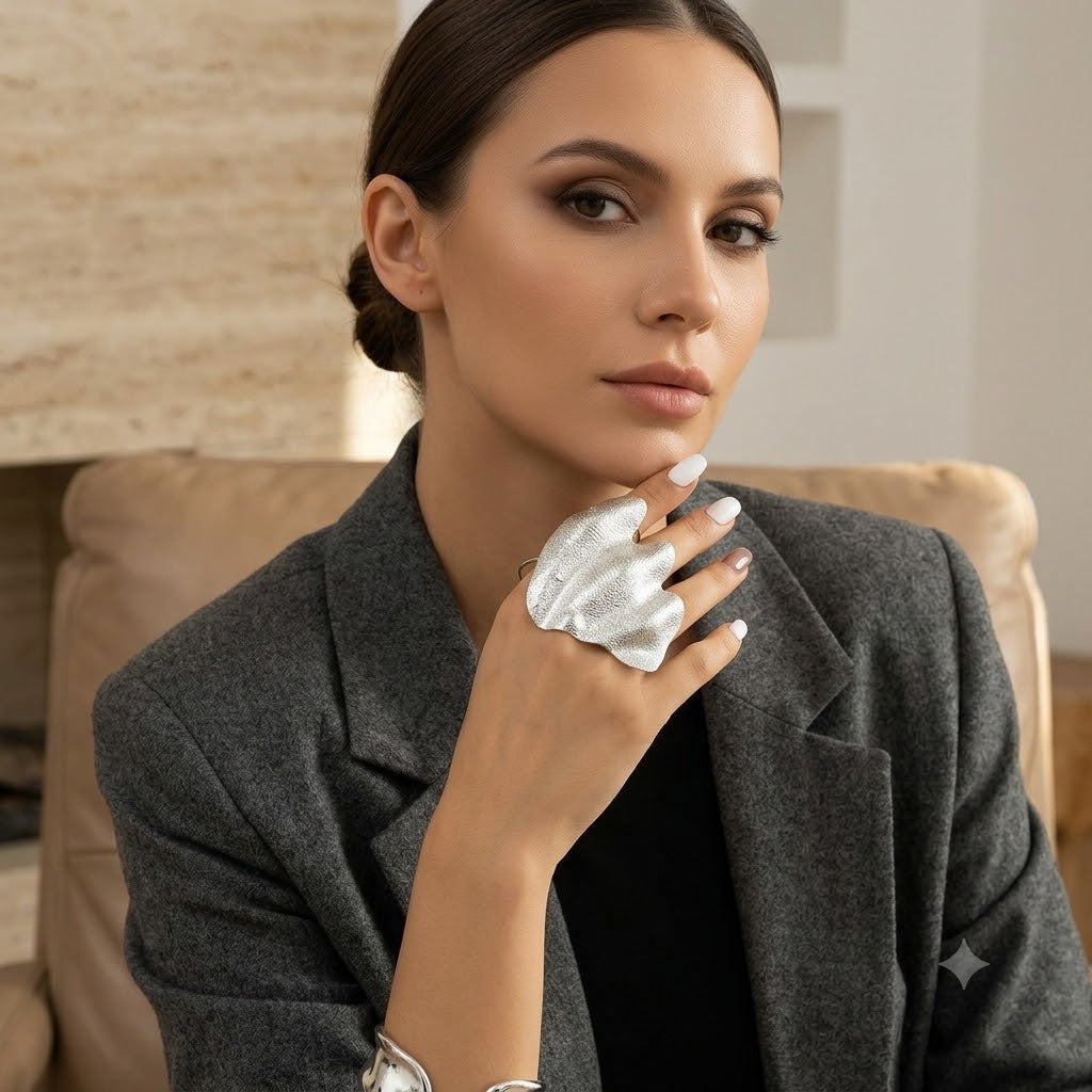 Designer Textured Silver Plated Statement Open Cuff Ring For Women