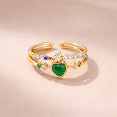 Green Pink White Heart Flower Gold CZ Adjustable Fancy Ring