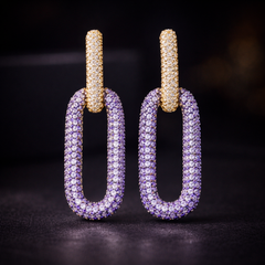 Purple Pink Rectangle Shape Gold Plated Cubic Zirconia Dangler Earrings