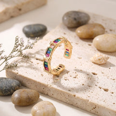 Multi Color Baguette Open Gold Plated CZ Copper Fancy Ring For Women
