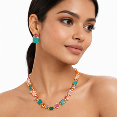 Multi Color Gold Plated Cubic Zirconia Beads Necklace & Earring Set