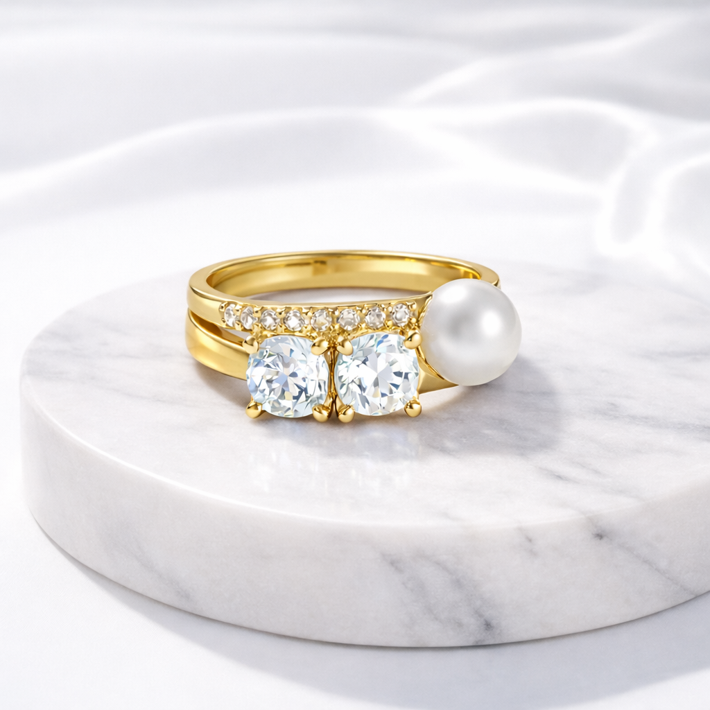 White Two Stone Gold Plated CZ Pearl Copper Adjustable Fancy Ring