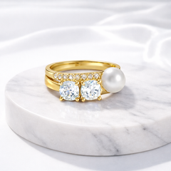 White Two Stone Gold Plated CZ Pearl Copper Adjustable Fancy Ring