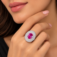 Ruby Pink Oval Silver Plated CZ Copper Anti Tarnish Cocktail Ring