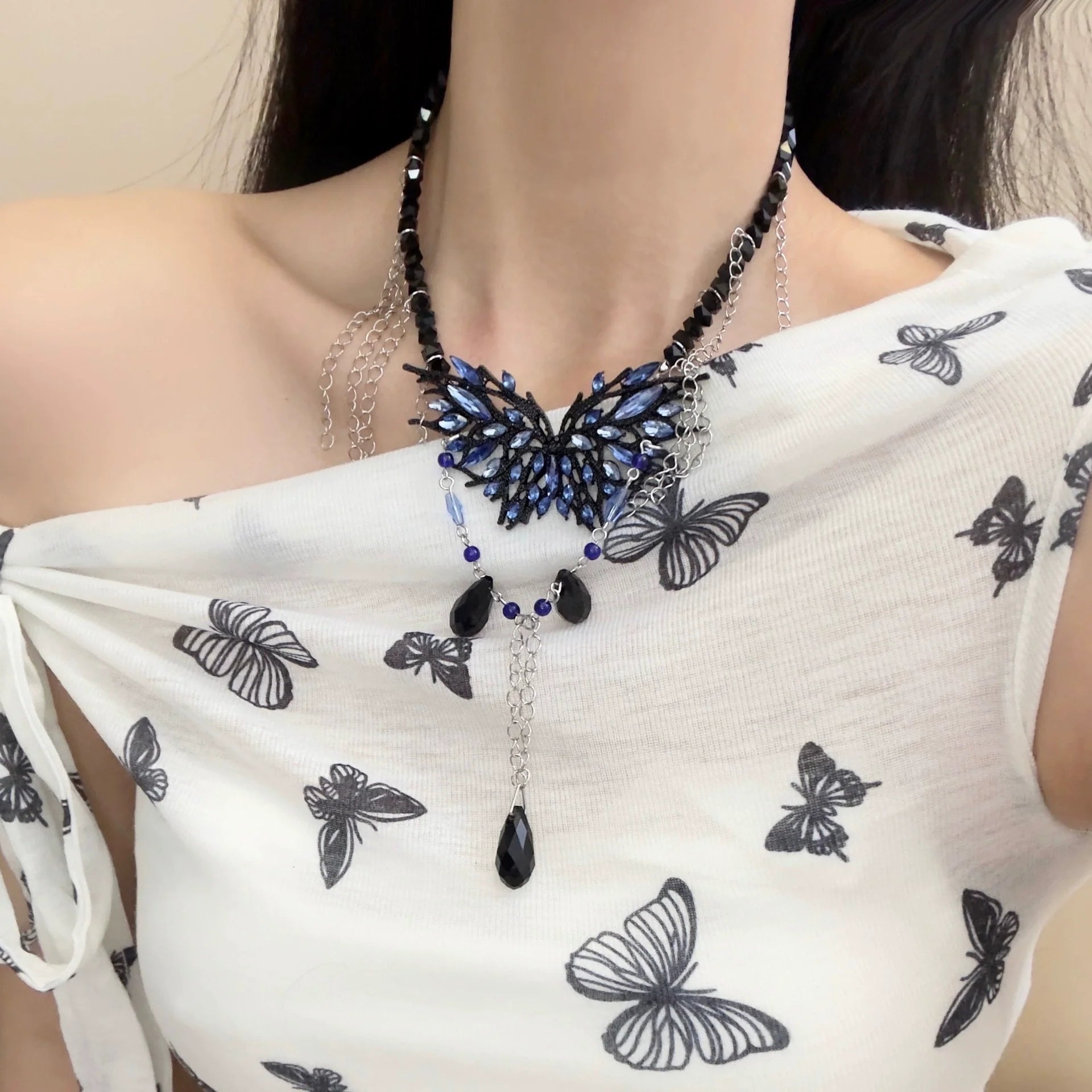 Black & Blue Butterfly Layered Silver Plated Rhinestone Necklace