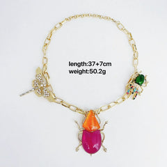 Pink & Orange Insect Charm Gold Plated Beads Pendant Chain Necklace