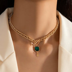 Green Square and Buckle Thick Chain Gold Plated CZ Necklace