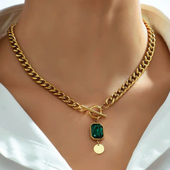 Green Square and Buckle Thick Chain Gold Plated CZ Necklace