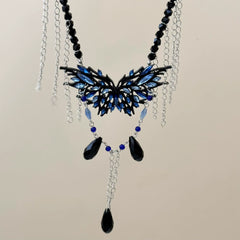 Black & Blue Butterfly Layered Silver Plated Rhinestone Necklace