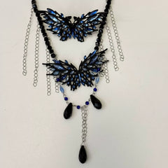 Black & Blue Butterfly Layered Silver Plated Rhinestone Necklace